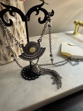 Silver Floral Pendant Necklace with Tassel